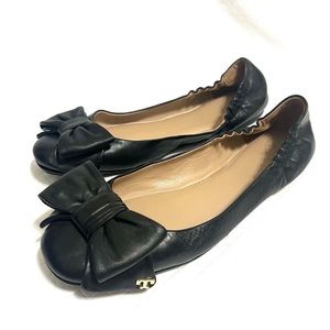 Tory Burch Divine Bow Driver Ballet Flats Black Nappa Leather 34234 Size 9
